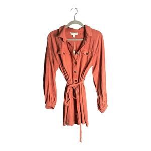 She + Sky Rust Color Long Sleeve Shirt Dress Button Front & Belt Size Large